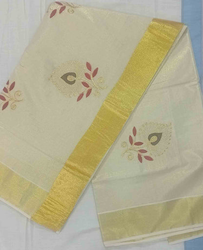Flower embroidery designer kerala golden tissue kasavu saree