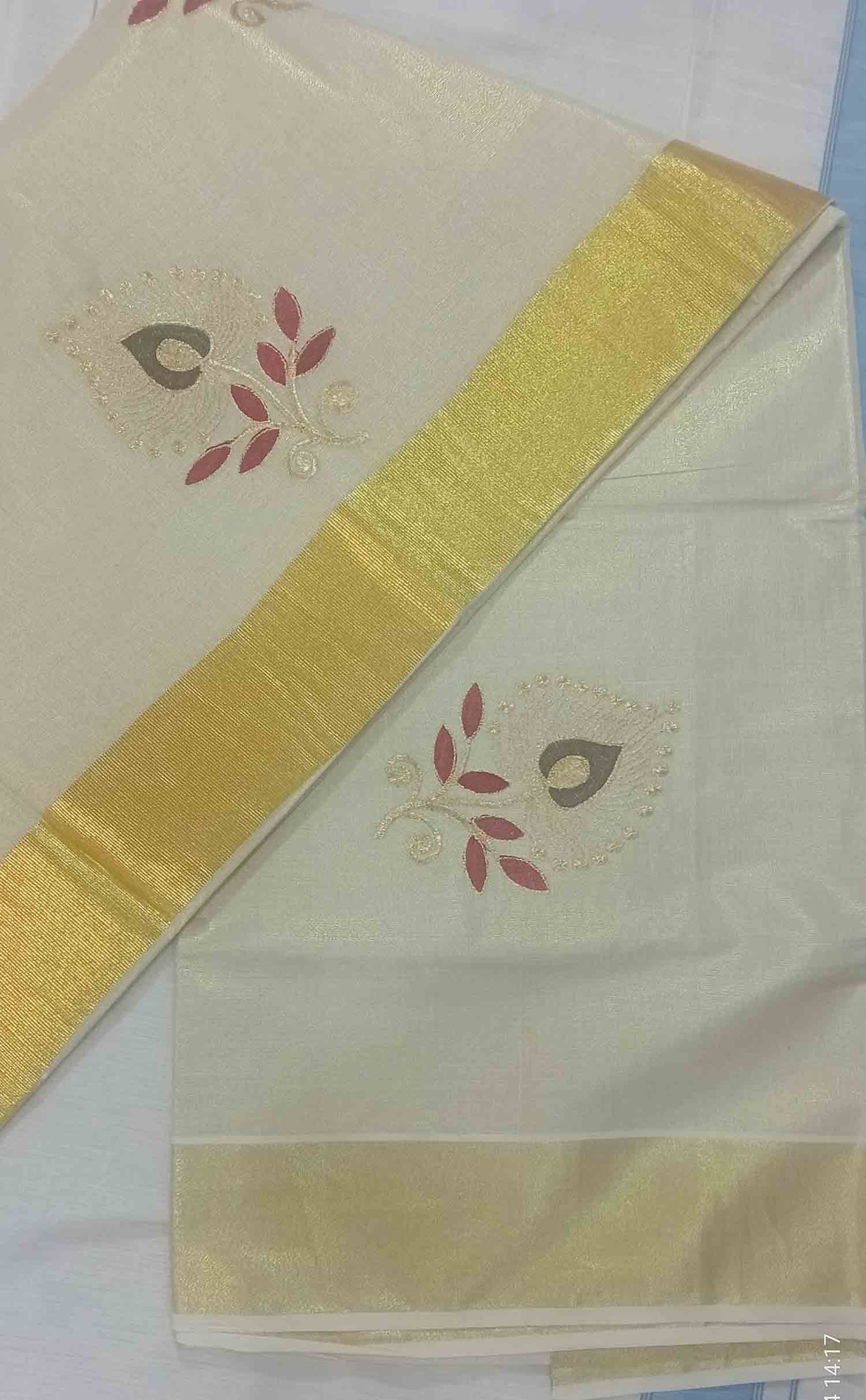 Flower embroidery designer kerala golden tissue kasavu saree