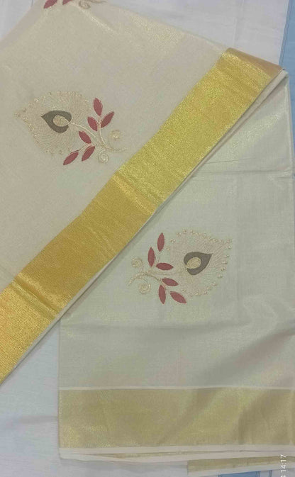Flower embroidery designer kerala golden tissue kasavu saree