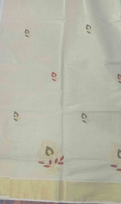 Flower embroidery designer kerala golden tissue kasavu saree