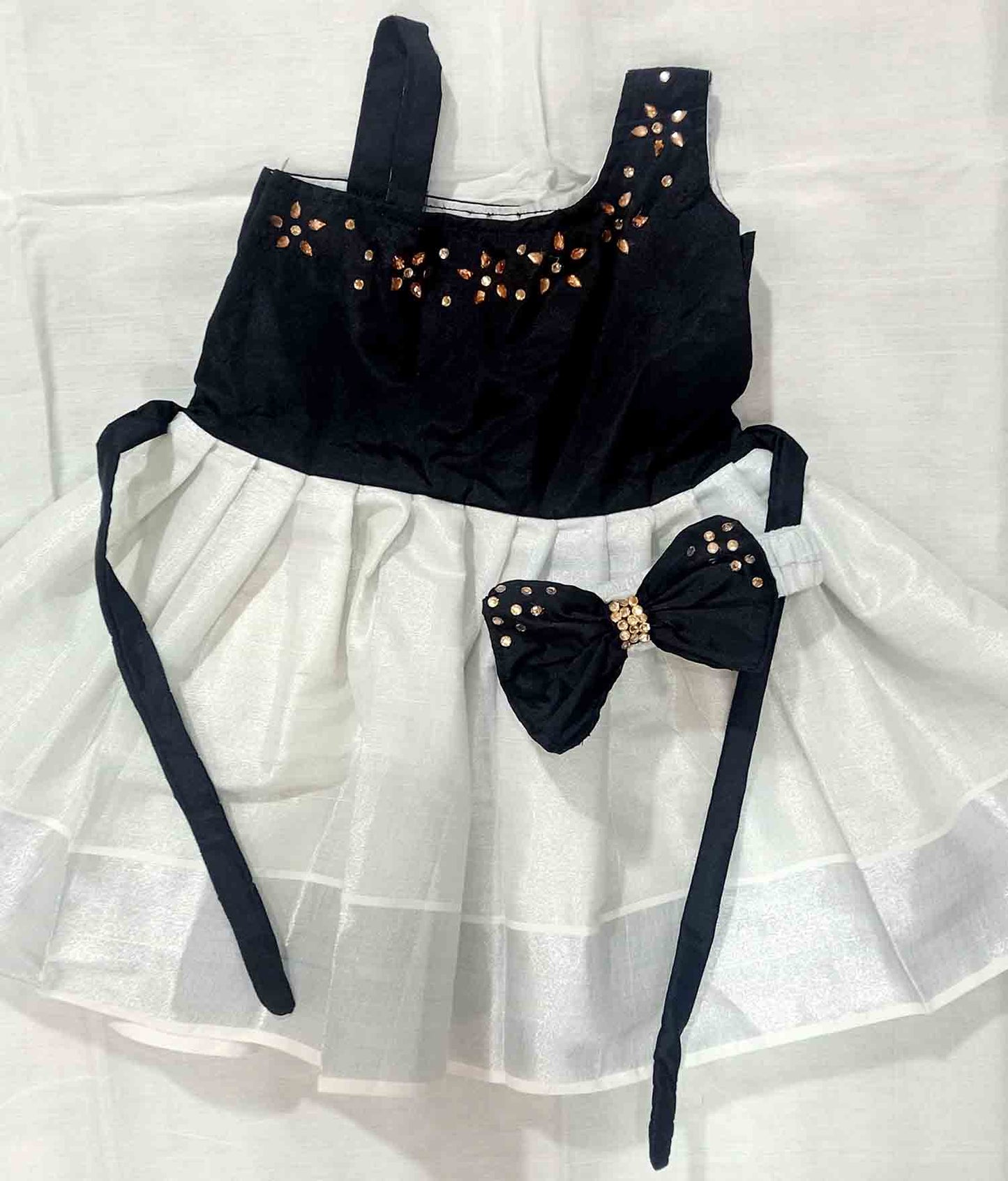 Black hand work designer kerala silver tissue girls frock with hair band for kids