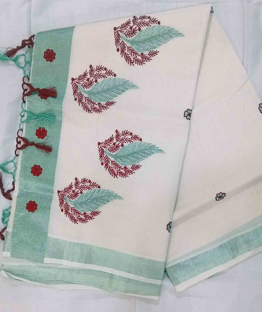 Leaf embroidery designer kerala kasavu saree