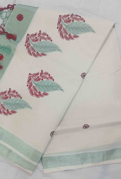 Leaf embroidery designer kerala kasavu saree