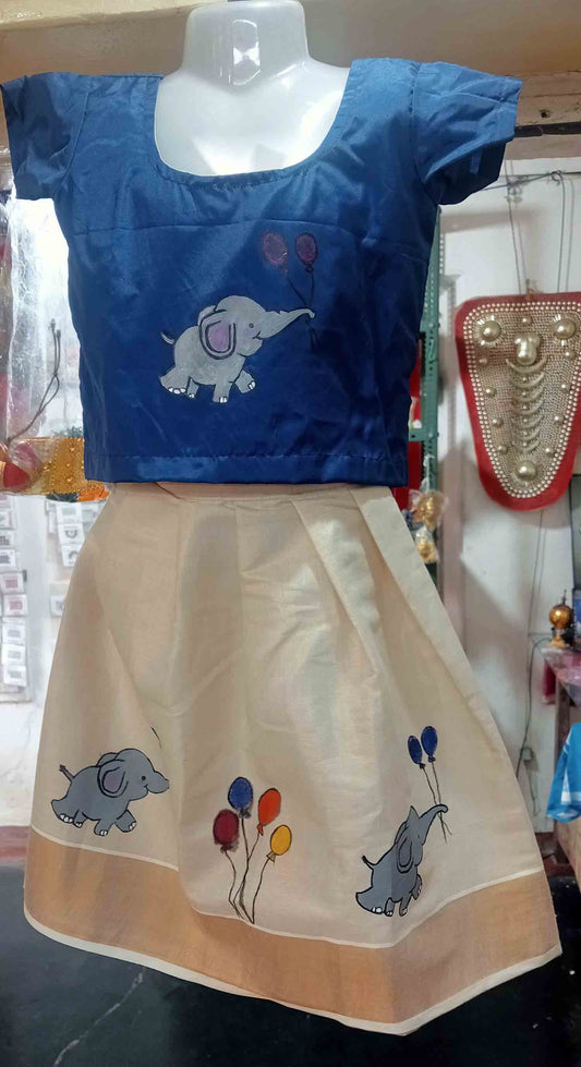 Elephant and balloon designer hand mural painting kerala pattu pavada for kids