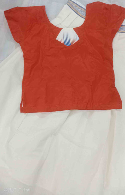 Designer temple border kerala  pattu pavada with red blouse for women