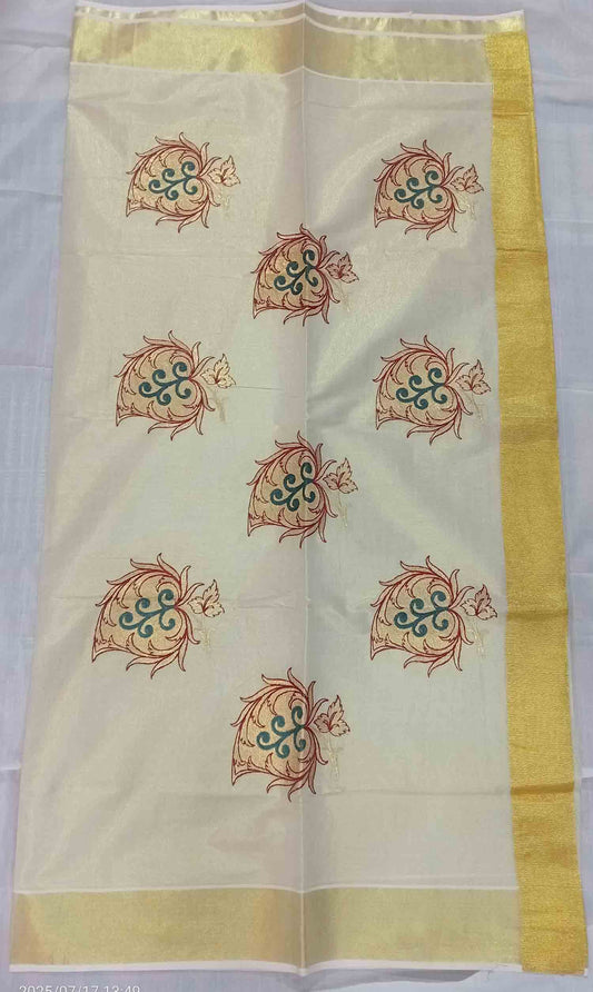 Leaf embroidery designer kerala tissue kasavu saree