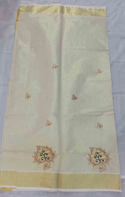Leaf embroidery designer kerala tissue kasavu saree