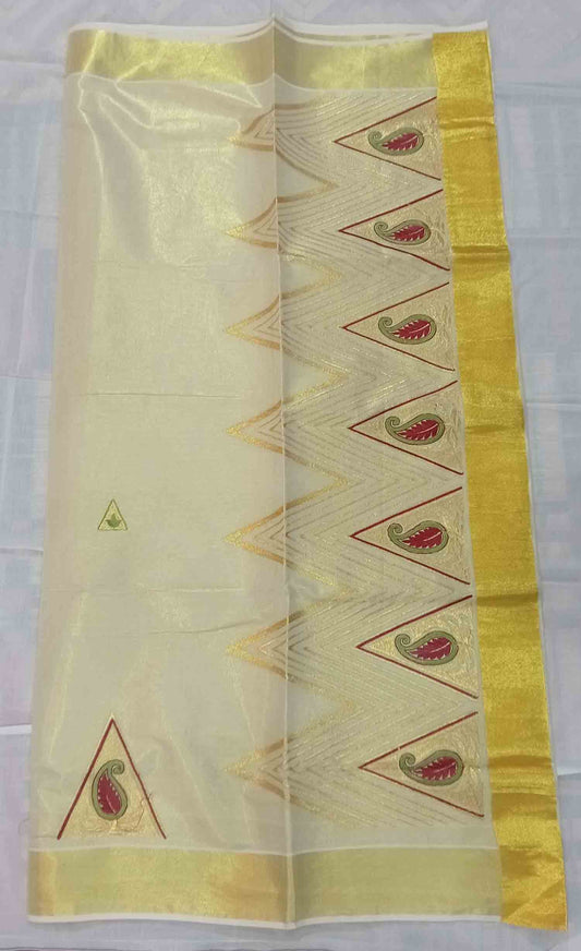 Mango embroidery designer kerala tissue kasavu saree