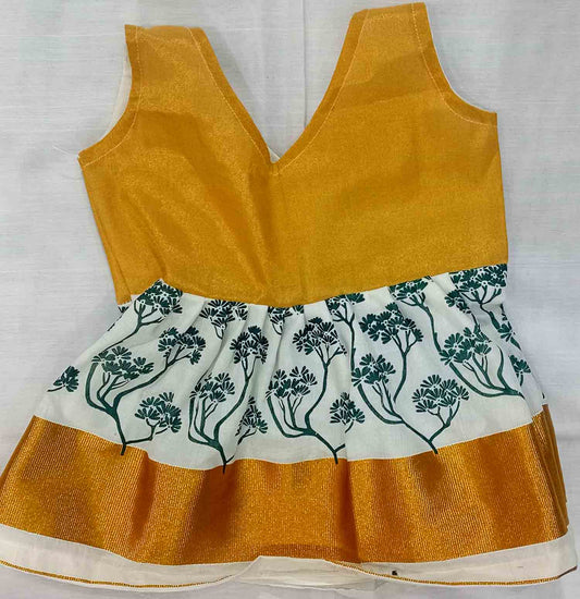 Printed green tree design kerala kasavu frock for kids