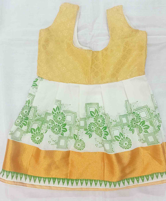 Green flower printed design on kerala kasavu frock