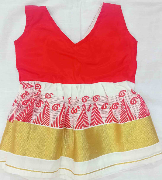 Printed red temple and mango border design kerala kasavu frock for kids