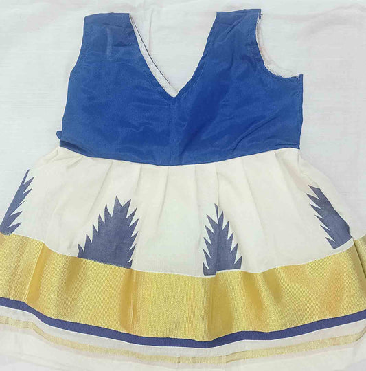 Printed blue temple border design kerala kasavu frock for kids
