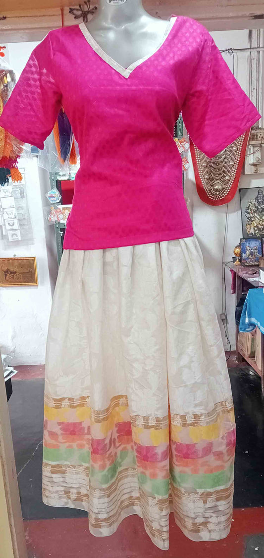 Designer colourful kerala kasavu pattu pavada with magenta blouse for women