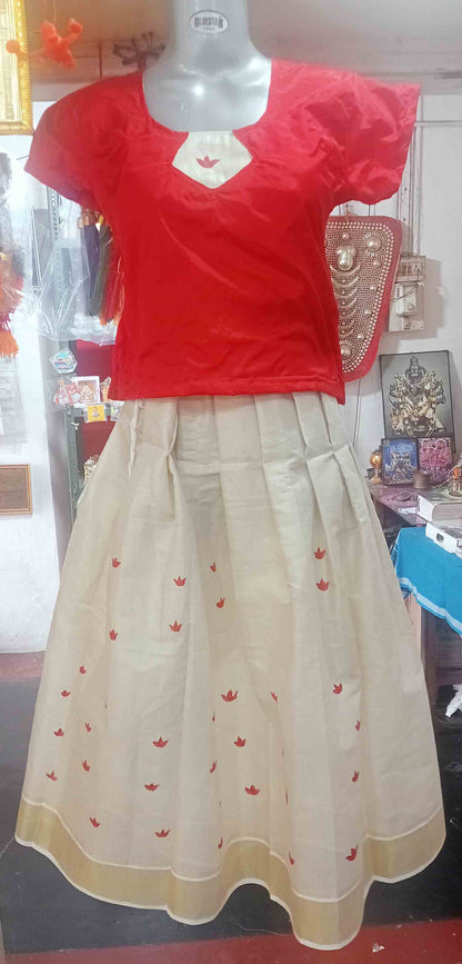 Red flower kerala tissue kasavu pattu pavada with red blouse for women