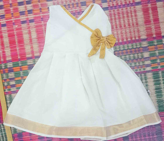 Kerala kasavu frock with bow desgn for kids