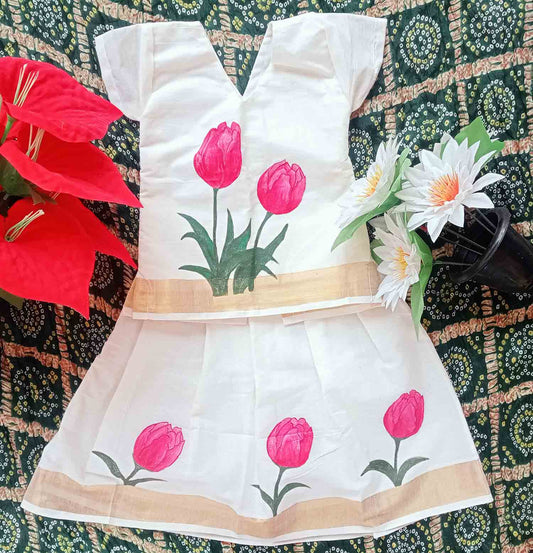Rose flower designer hand mural painting kerala pattu pavada for kids