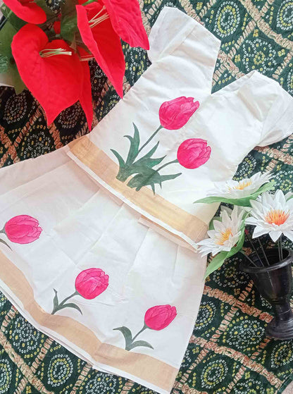 Rose flower designer hand mural painting kerala pattu pavada for kids