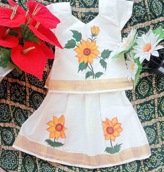 Sunflower designer hand mural painting kerala pattu pavada for kids