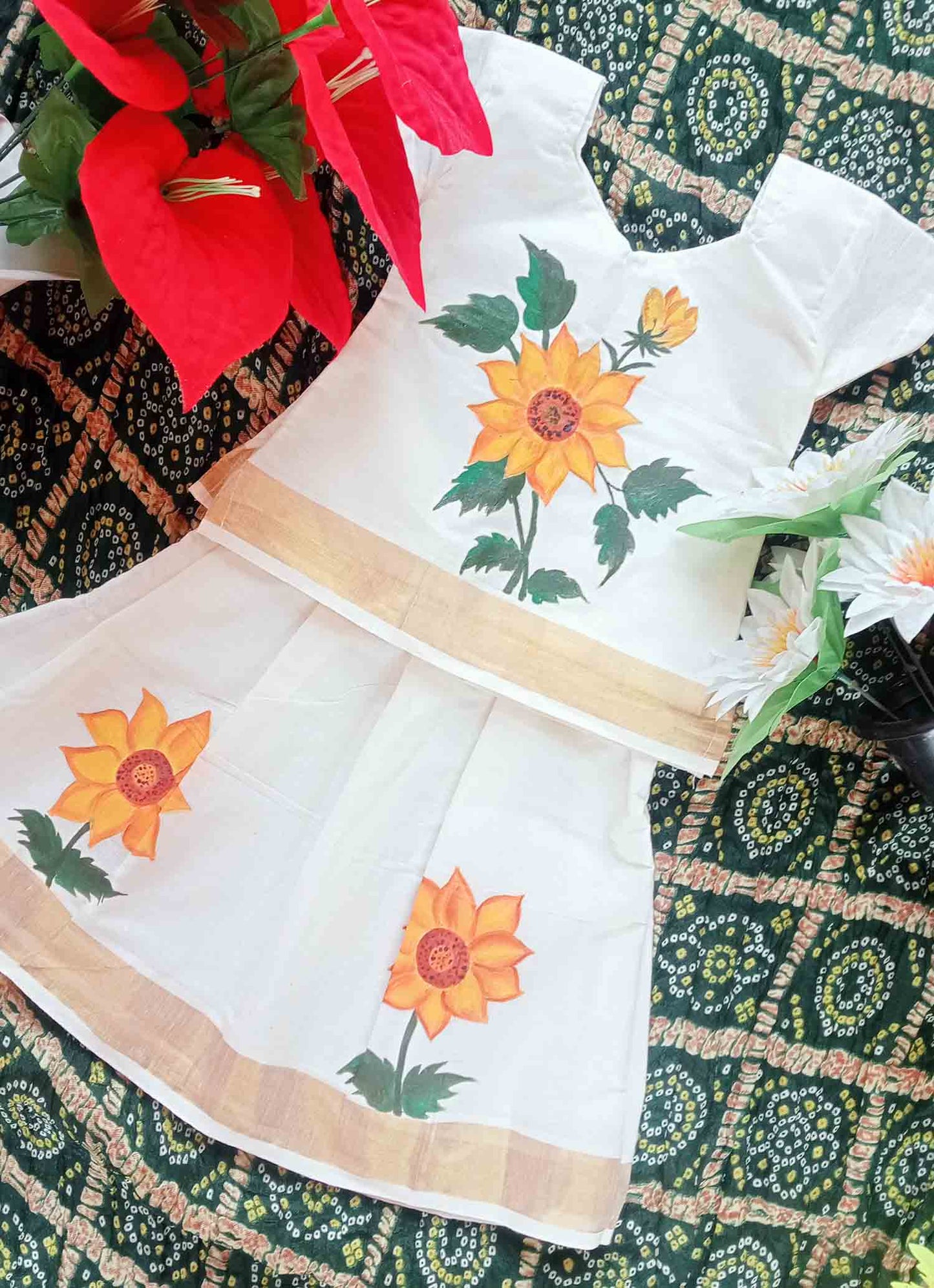 Sunflower designer hand mural painting kerala pattu pavada for kids