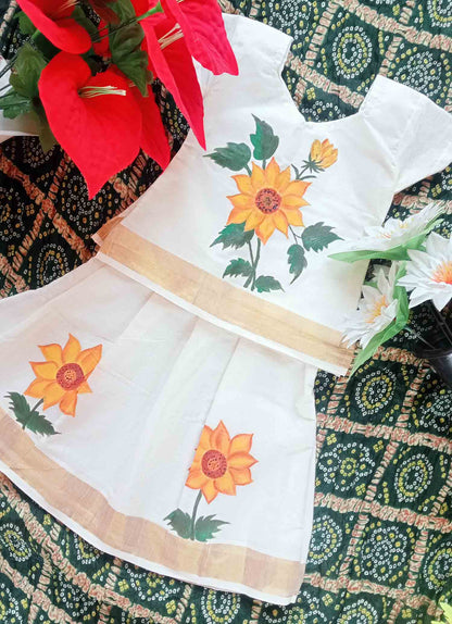 Sunflower designer hand mural painting kerala pattu pavada for kids
