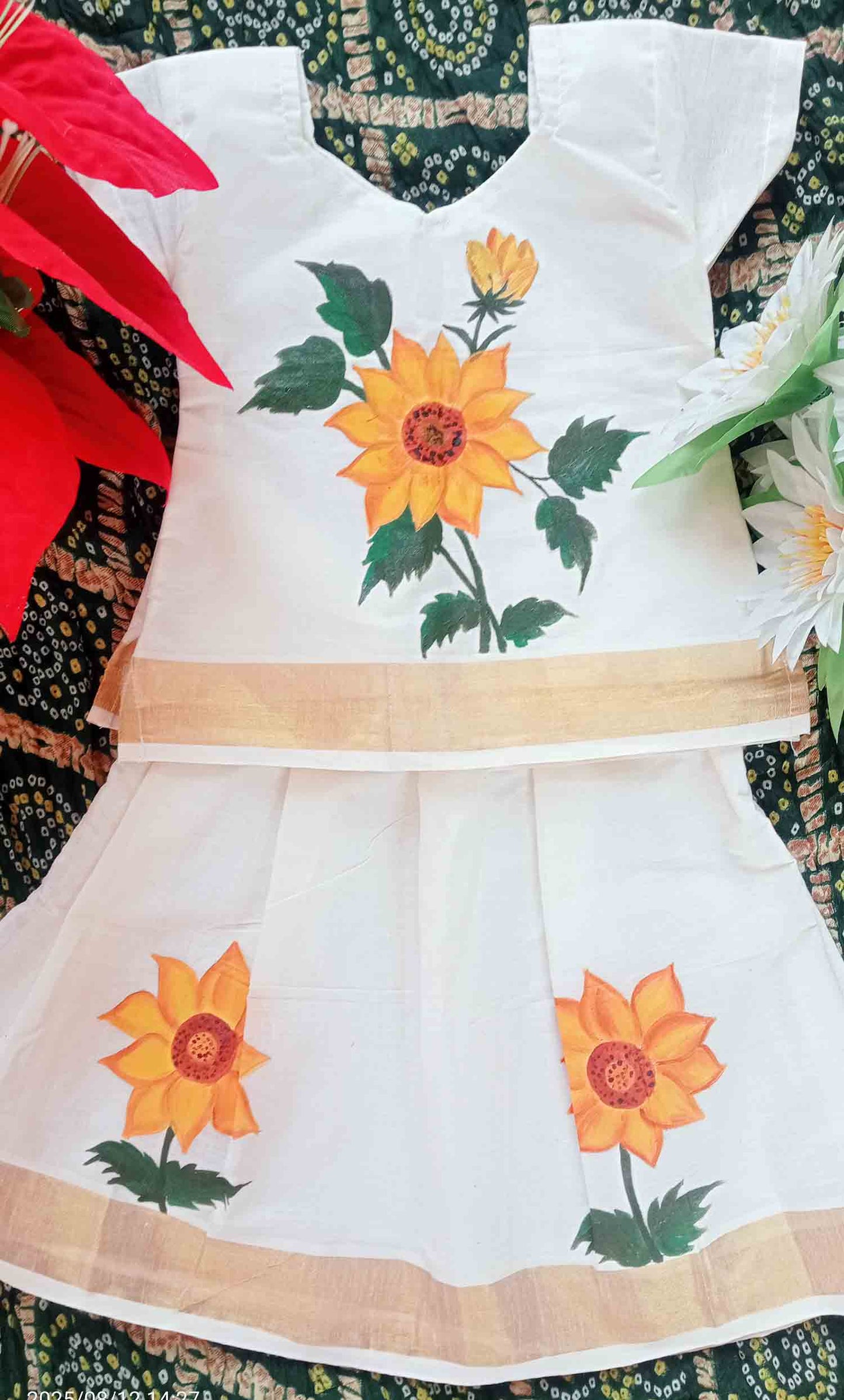 Sunflower designer hand mural painting kerala pattu pavada for kids