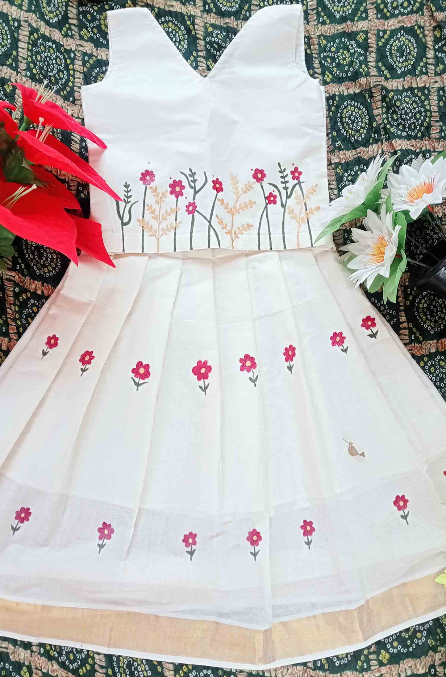 Flower and golden leaf designer hand mural painting kerala pattu pavada for kids
