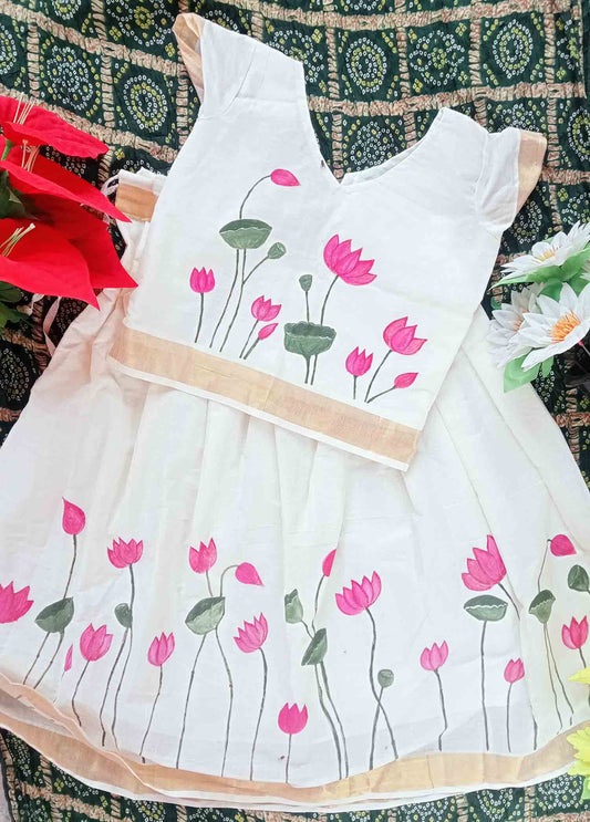 Lotus and leaf designer hand mural painting kerala kasavu pattu pavada for kids