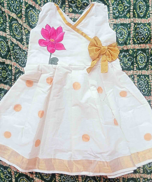Lotus hand mural painting with bow design kerala kasavu frock for kids