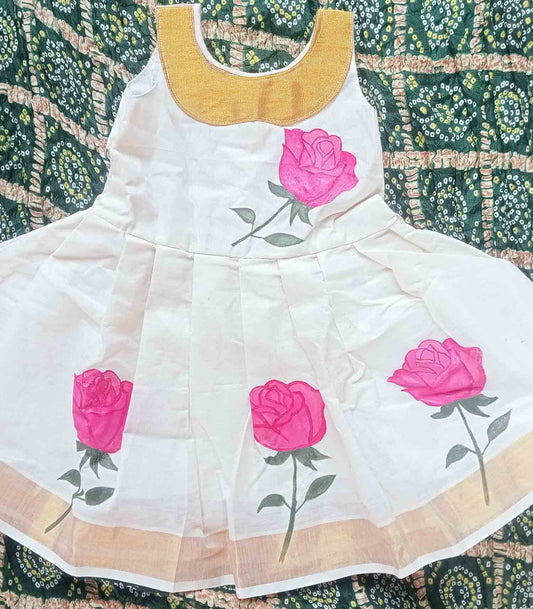 Rose hand mural painting with lace design kerala kasavu frock for kids