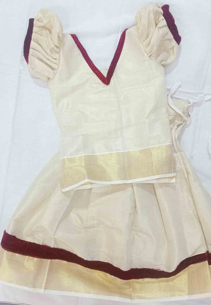 Kerala tissue pattu pavada with maroon velvet border for kids