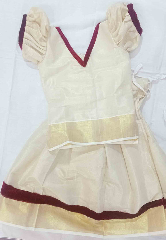 Kerala tissue pattu pavada with maroon velvet border for kids