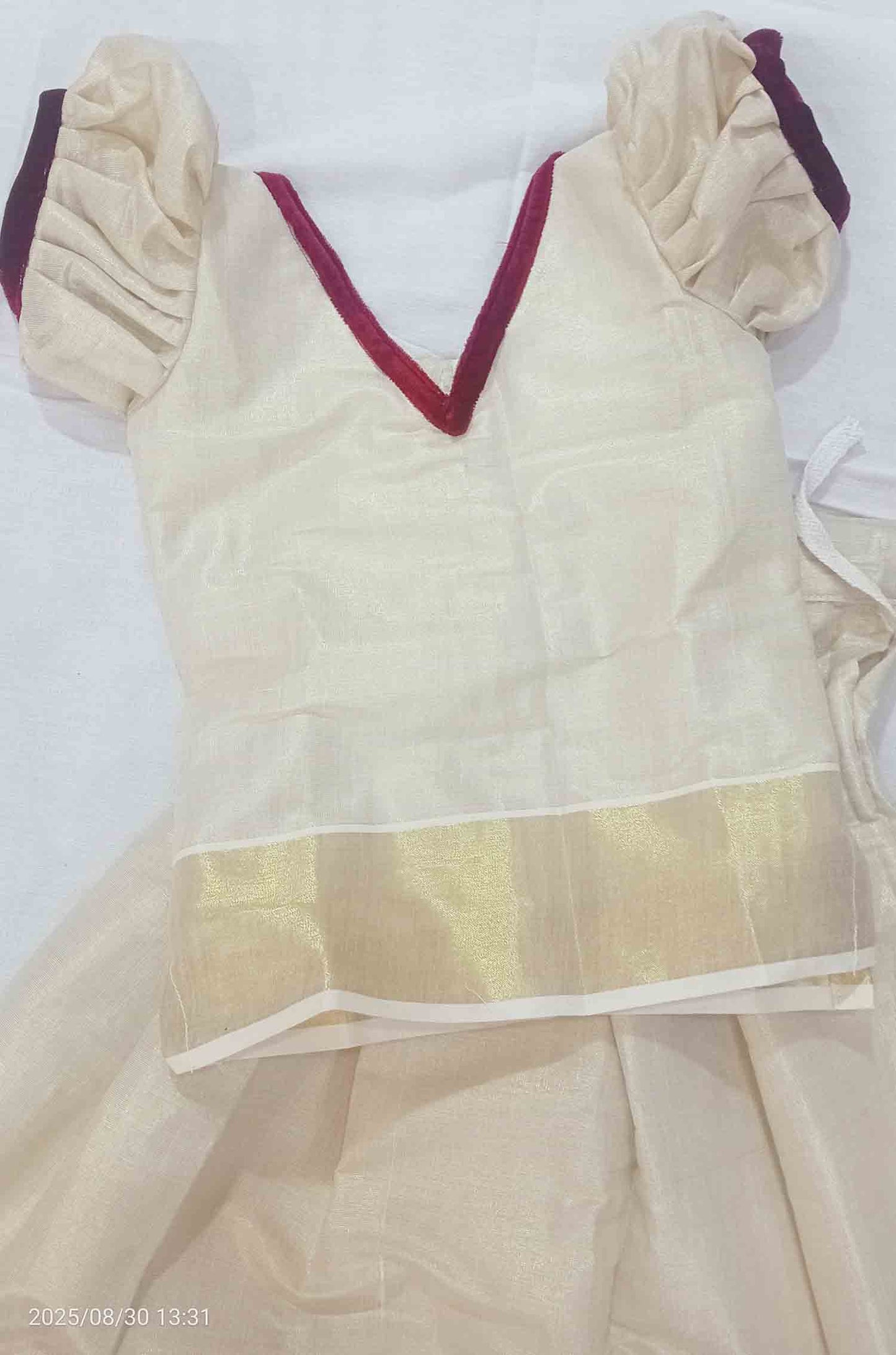 Kerala tissue pattu pavada with maroon velvet border for kids