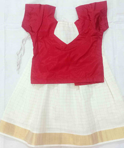 Line design kerala pattu pavada with maroon blouse for kids