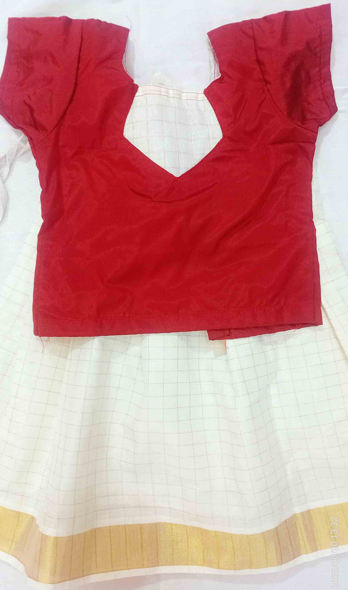 Line design kerala pattu pavada with maroon blouse for kids
