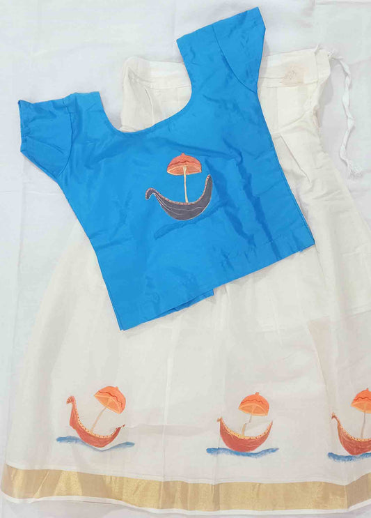 Hand mural painting boat design kerala kasavu pattu pavada for kids