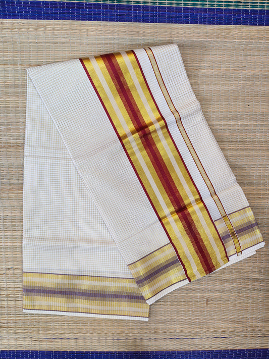 Kerala cotton handloom check maroon gold kasavu saree