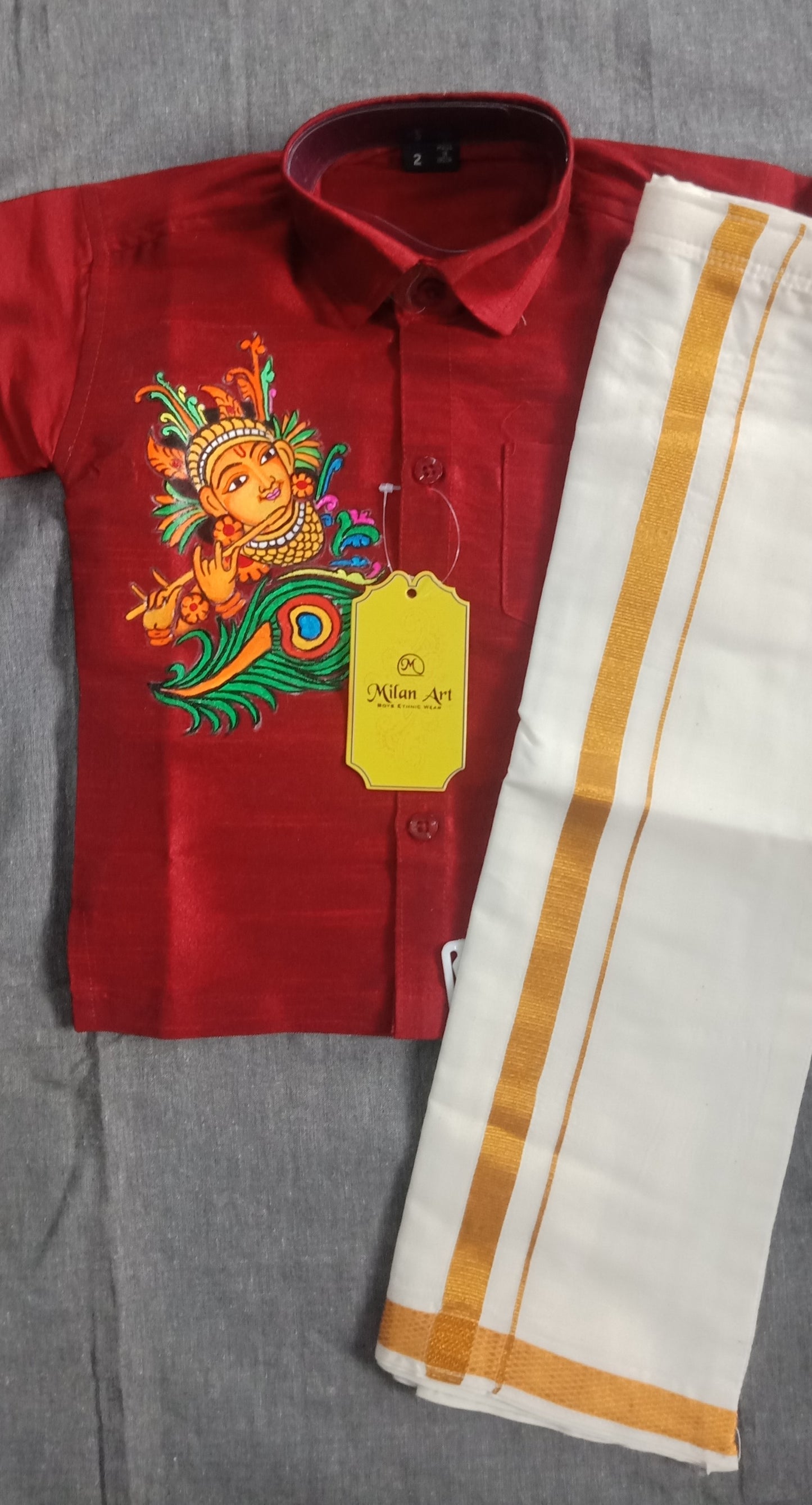 Orange Krishna with flute hand mural painting kids red shirt and mundu