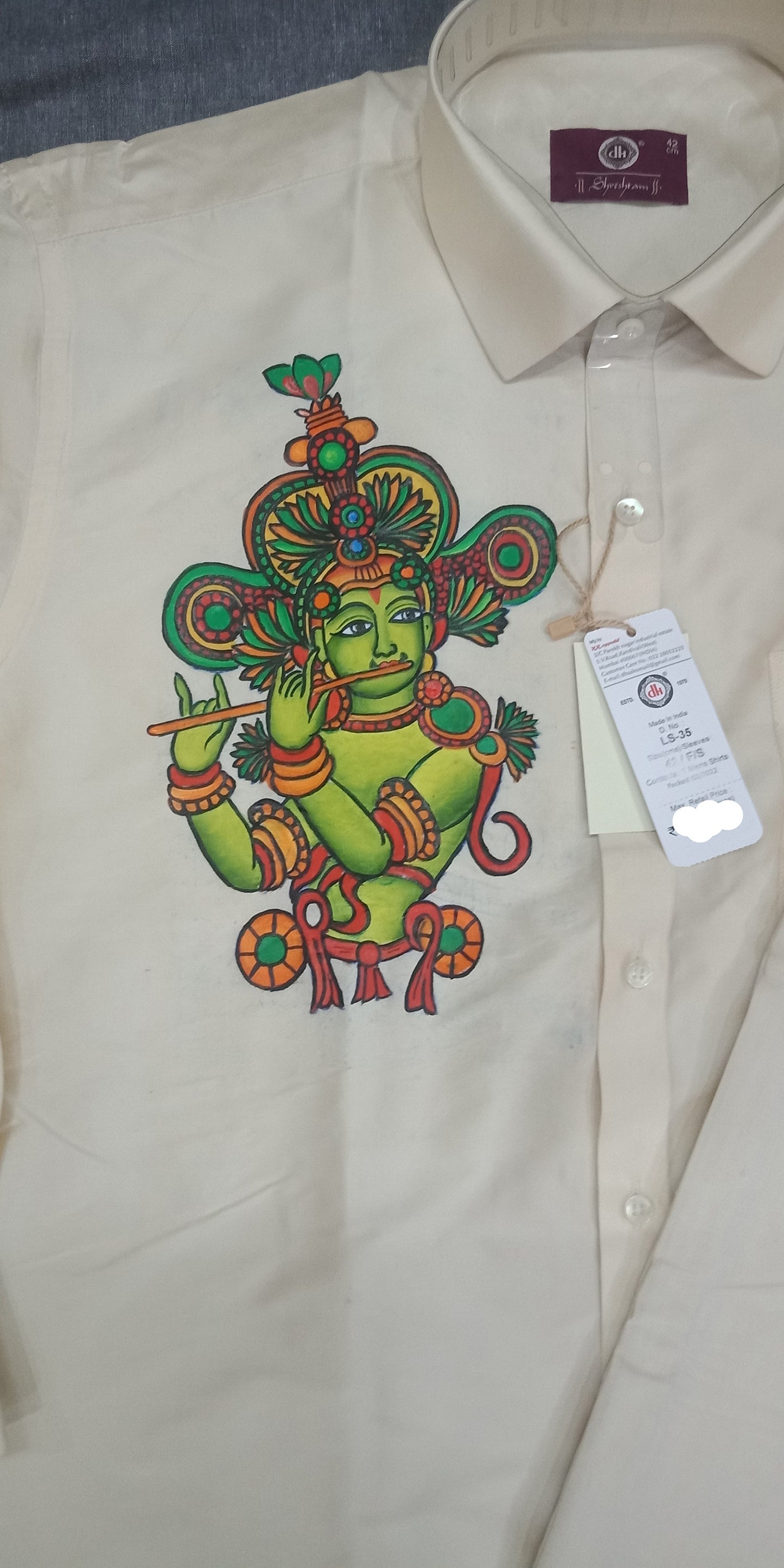 Green krishna with flute hand mural painting on cream silk shirt