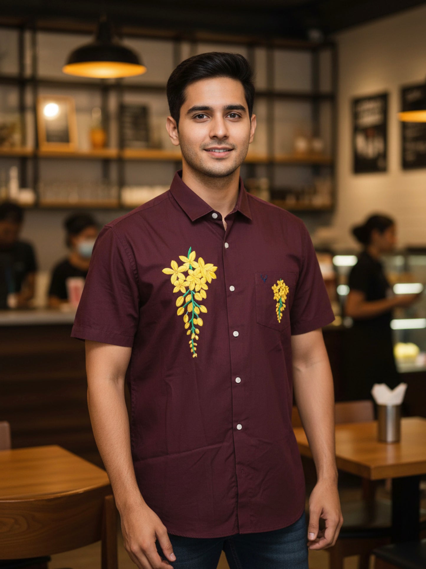 Vishu special kanikonna design on maroon cotton shirt