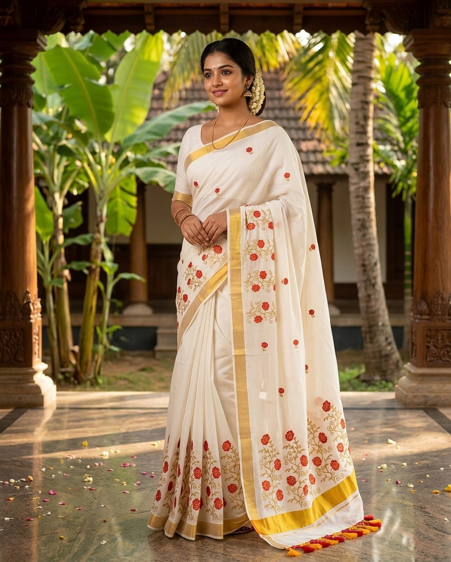Flower design embroidery kerala cotton kasavu saree for women