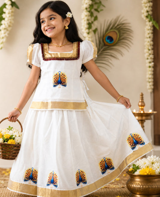 Peacock printed kerala cotton kasavu pattu pavada for girls