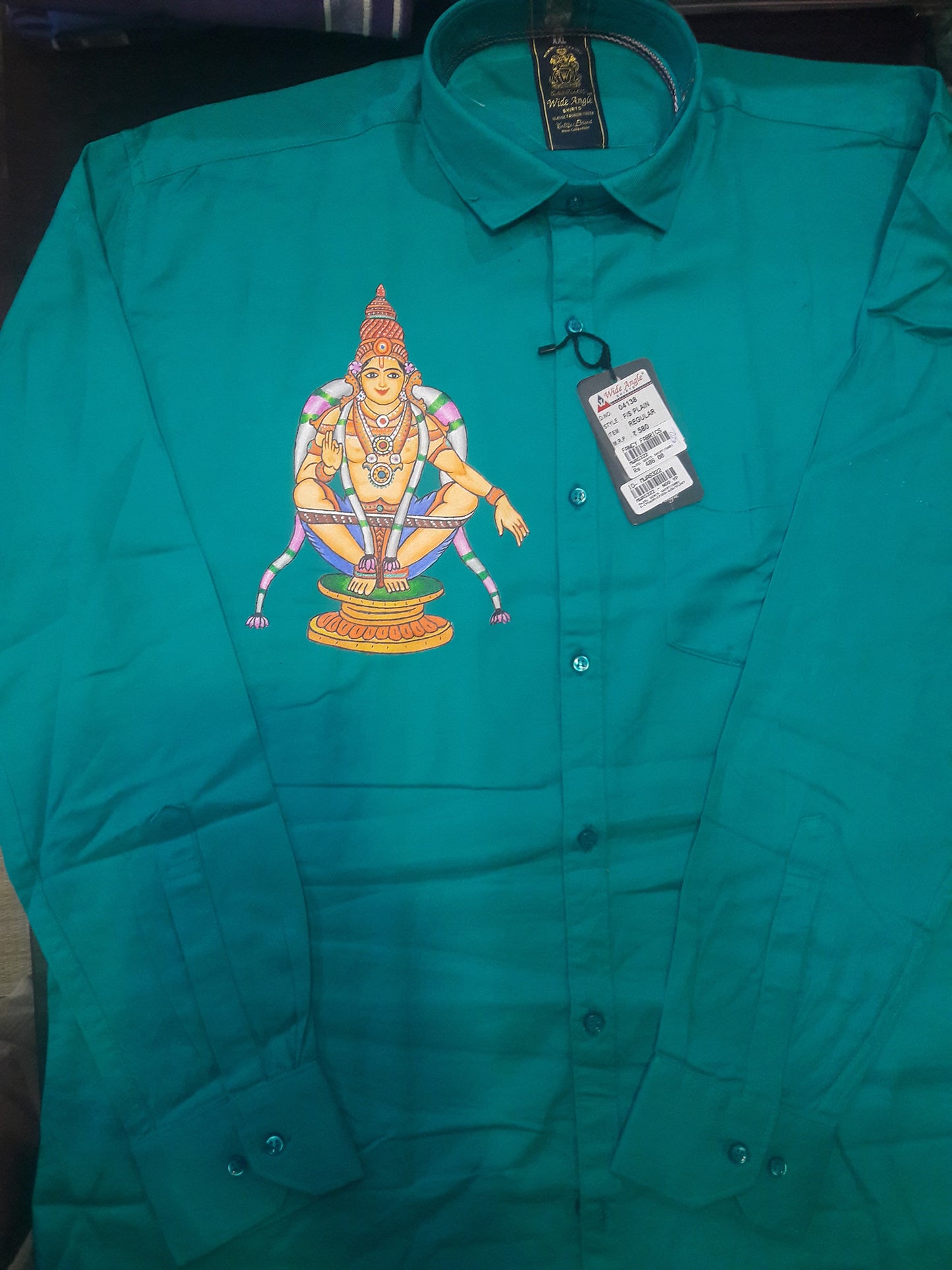 Swami ayyappa hand mural painting on blue cotton shirt