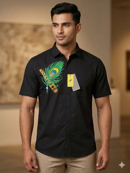 Peeli with flute hand mural painting on black cotton shirt