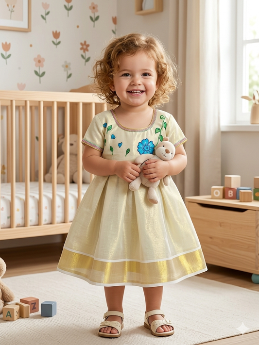 kerala cotton kasavu frock with flower mural design for kids