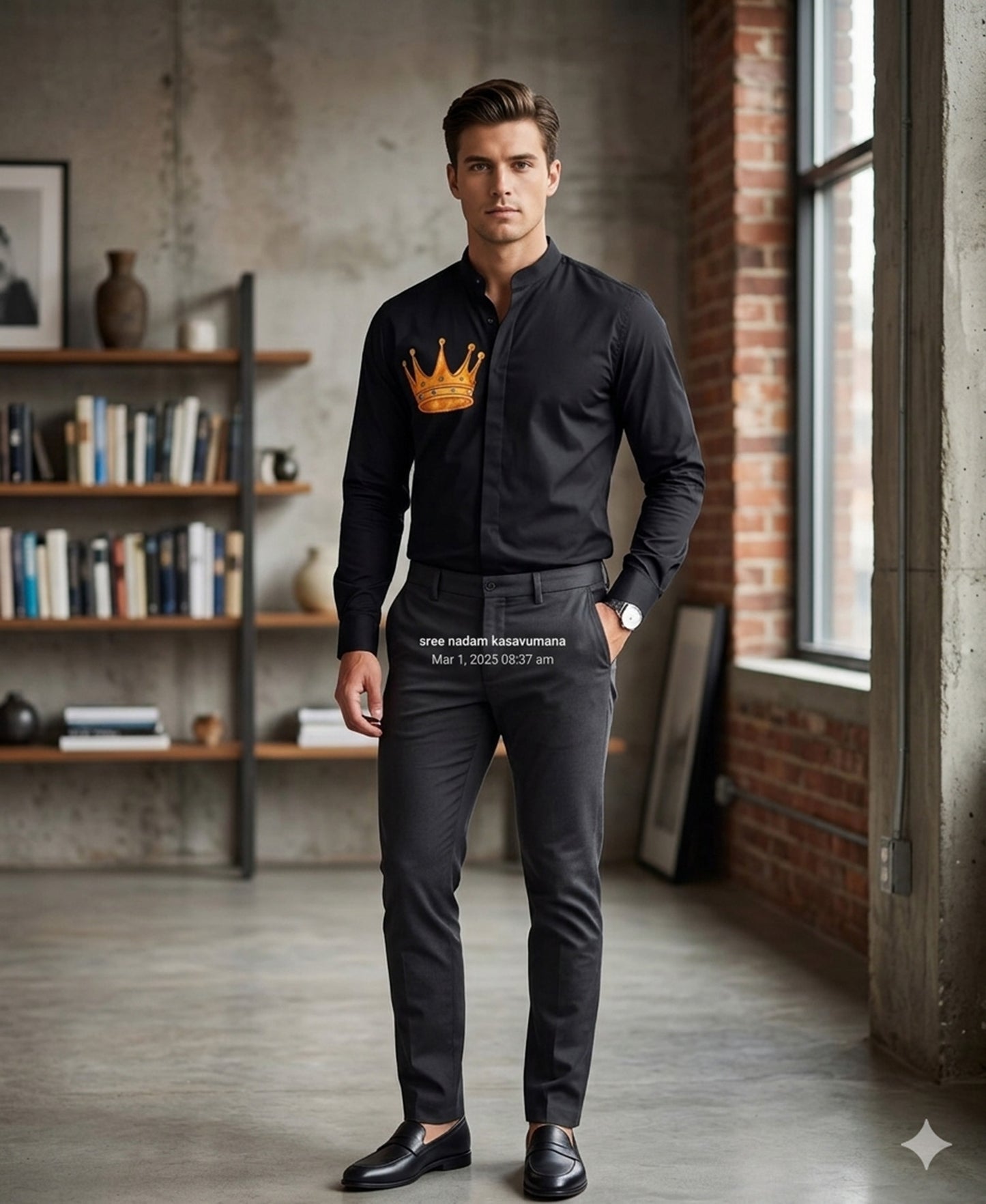 Golden crown hand painting design on black cotton shirt
