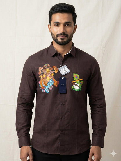 Krishna Radha mural hand painting with peeli brown cotton shirt