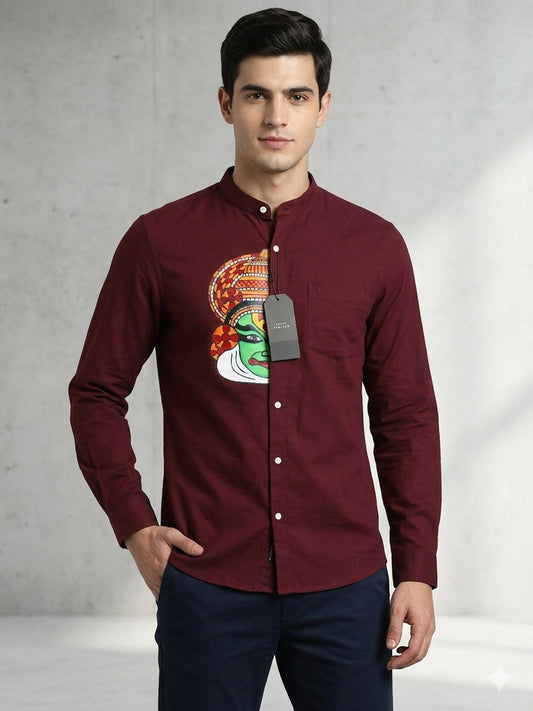 Half kathakali hand mural painting on maroon cotton shirt