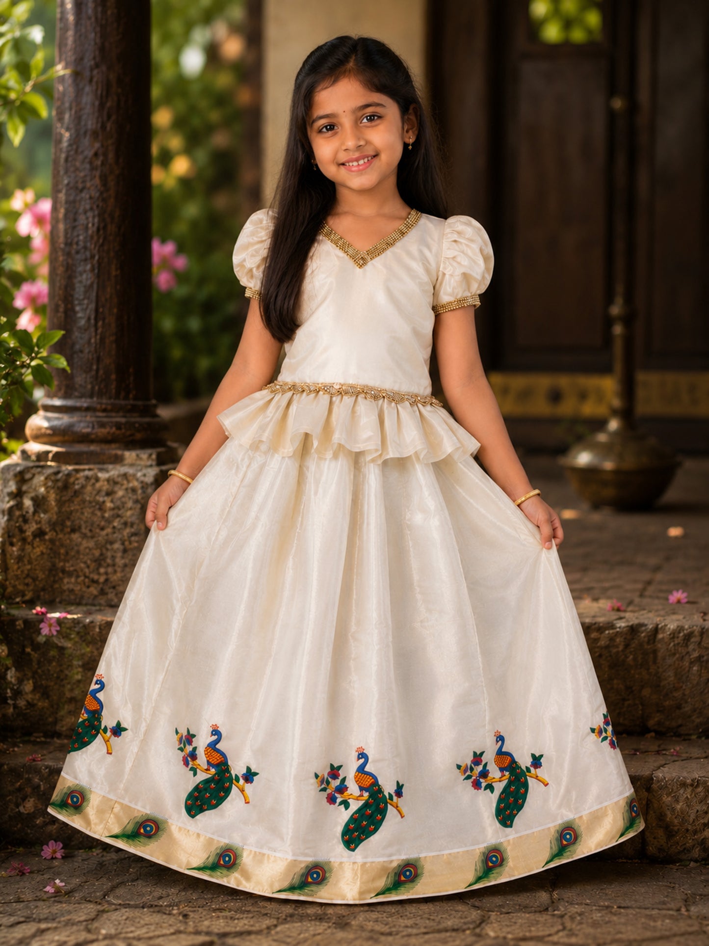 Designer traditional tissue kerala pattu pavada with pleated blouse