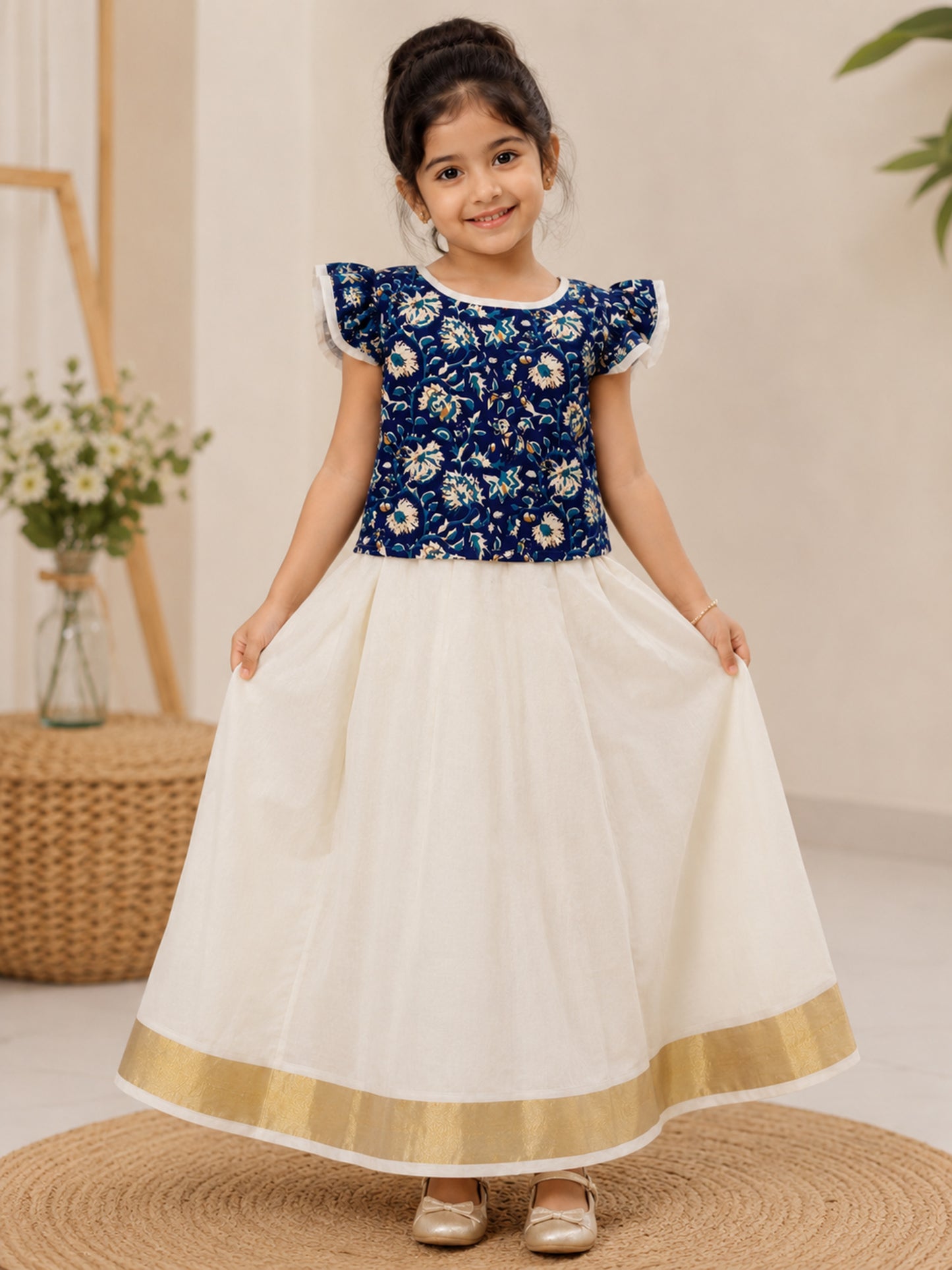 Kalamkari designer blouse kerala cotton kasavu pattu pavada for girls