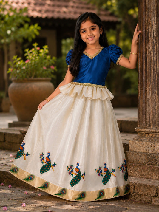 Designer traditional tissue kerala pattu pavada with pleated blue blouse